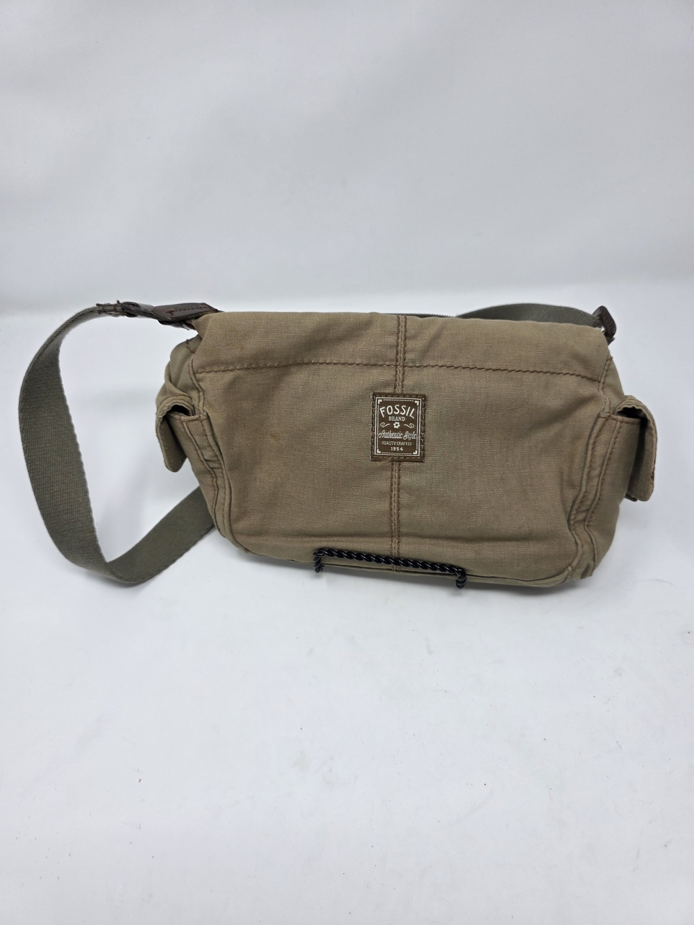 Fossil Tan Canvas Crossbody Bag Small Khaki Utility Shoulder Purse Leather Trim